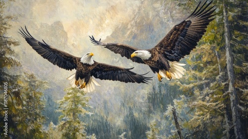 Wallpaper Mural Majestic Bald Eagles Soaring Through Misty Forest Landscape Nature Scene Torontodigital.ca