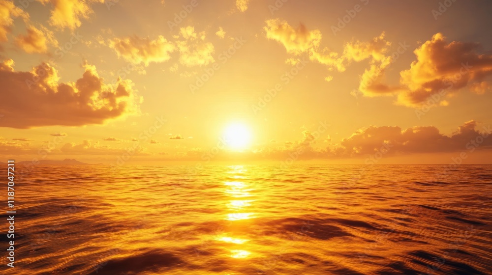 Fototapeta premium Golden sunset reflection on tranquil sea with vibrant cloud formations creating a serene atmosphere in the sky and water.