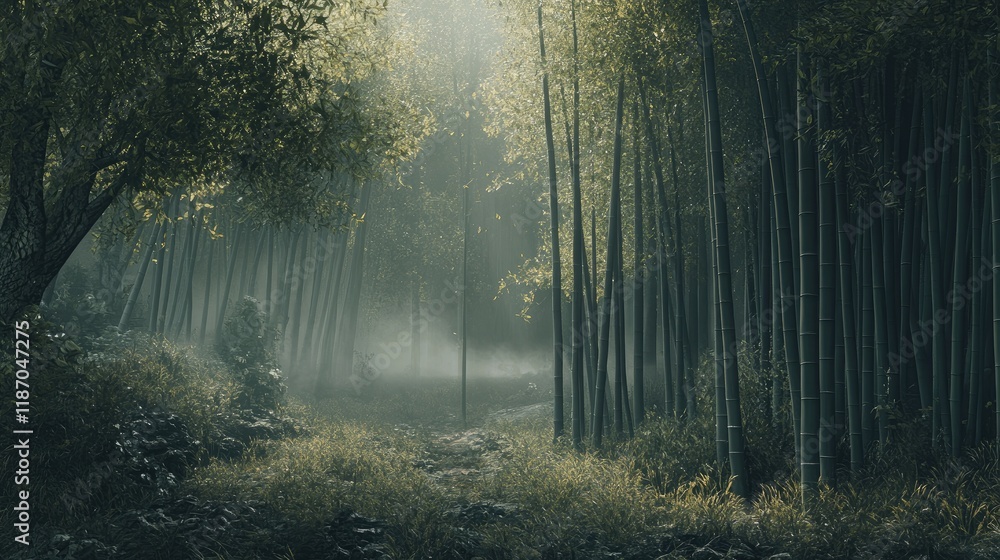 Fototapeta premium Serene bamboo forest with sunlight streaming through mist creating a tranquil natural landscape scene