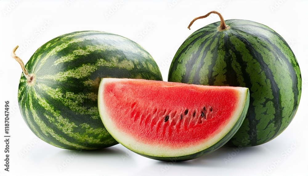 composition with whole ripe watermelons and slice isolated on white background as design elements composition with whole ripe watermelons and slice isolated on white background as design elements