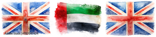 Watercolor flags, British flag, UAE flag, artistic representation, vibrant colors, cultural symbols, international themes.