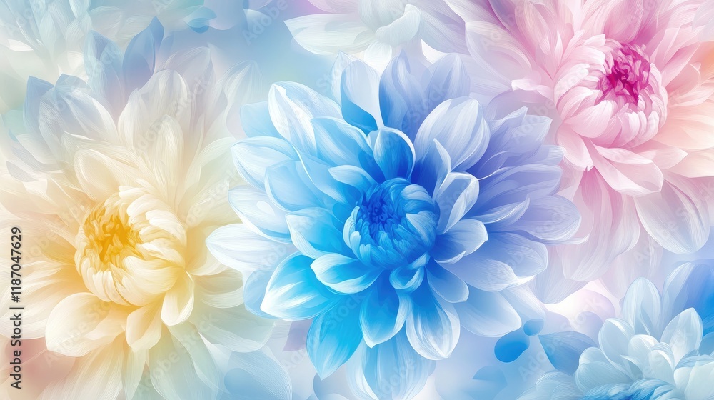 Obraz premium Colorful Floral Background Featuring Abstract Dandelion and Bright Chrysanthemum Blooms in Soft Pastel Shades