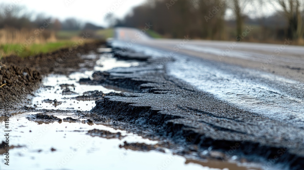 Damaged road surface with removed asphalt lying over standing water along the edges illustrating infrastructure deterioration and maintenance challenges Damaged road surface with removed asphalt lying over standing water along the edges illustrating infrastructure deterioration and maintenance challenges