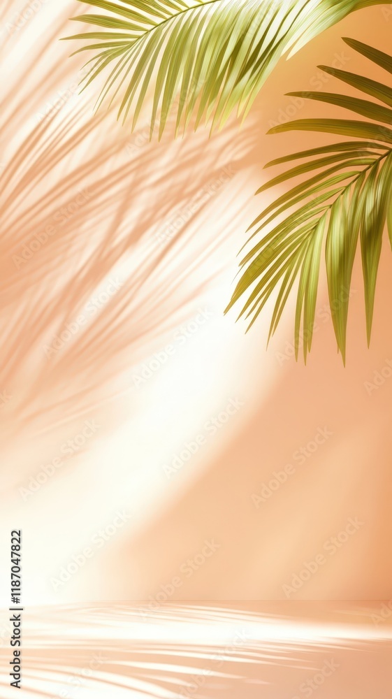 Palm leaves casting soft shadows across peach toned surface, evoking bright summer tropical atmosphere background Palm leaves casting soft shadows across peach toned surface, evoking bright summer tropical atmosphere background