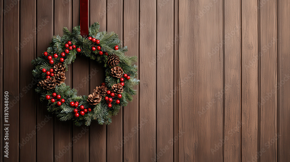 beautiful Christmas wreath with pinecones and red berries, hanging on wooden wall, adds festive touch to any holiday decor. Its vibrant colors and natural elements evoke warmth and joy beautiful Christmas wreath with pinecones and red berries, hanging on wooden wall, adds festive touch to any holiday decor. Its vibrant colors and natural elements evoke warmth and joy