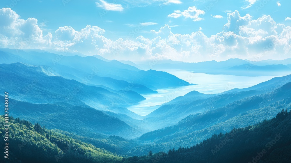 Stunning panoramic view of misty mountains and serene ocean bay under a bright blue sky with fluffy clouds.