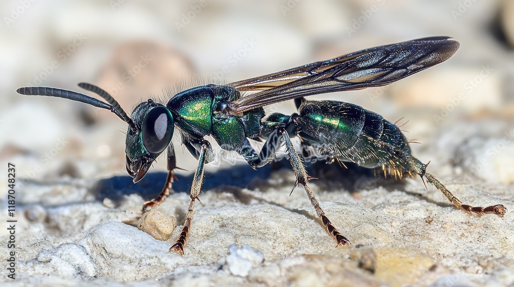 Naklejka premium Amata Huebneri macro shot detailed close-up of stinging wasp with blurred background showcasing vivid colors and intricate anatomy