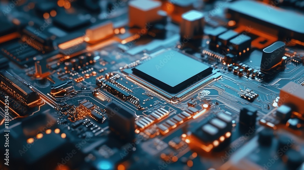 Close-up of advanced electronic circuit board with illuminated components and intricate design showcasing modern technology and innovation Close-up of advanced electronic circuit board with illuminated components and intricate design showcasing modern technology and innovation