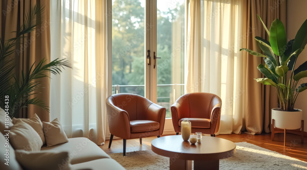 Fototapeta premium sunlit living room features two brown leather armchairs cream-colored sofas.