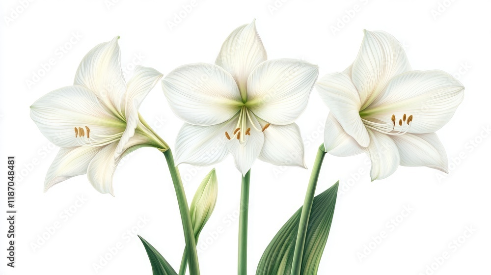 Elegant White Amaryllis Flowers in Bloom with Lush Green Leaves and Delicate Petals on a Bright Background Elegant White Amaryllis Flowers in Bloom with Lush Green Leaves and Delicate Petals on a Bright Background