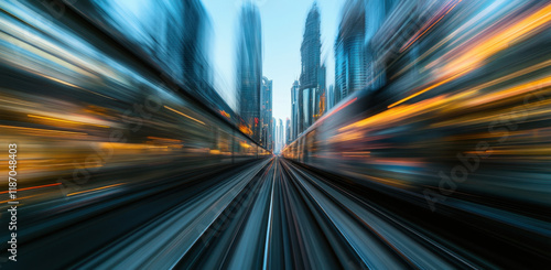 Vibrant city skyline appears blurred as a train speeds through the urban landscape, showcasing modern architecture against a twilight backdrop. The energy of the city is palpable.