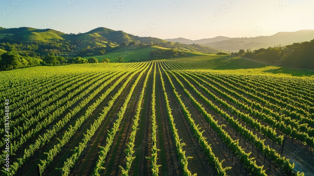 Aerial view of expansive vineyard rows on rolling green hills with clear blue skies ideal for text overlay or promotions Aerial view of expansive vineyard rows on rolling green hills with clear blue skies ideal for text overlay or promotions