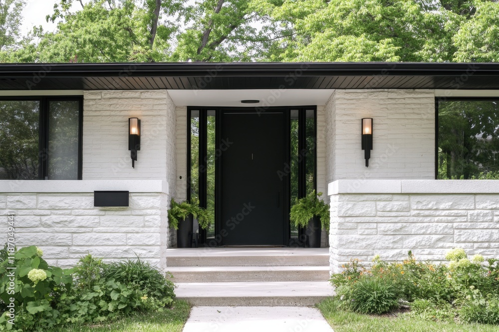 Step into the inviting entrance of a contemporary minimalist home, where lush greenery complements elegant lighting amidst a tranquil suburban backdrop Step into the inviting entrance of a contemporary minimalist home, where lush greenery complements elegant lighting amidst a tranquil suburban backdrop