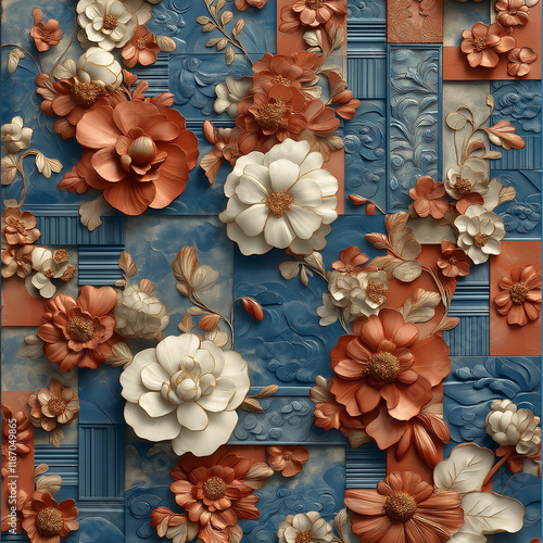 Floral relief design with vibrant colors and textures photo