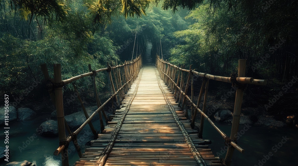 Fototapeta premium Bamboo bridge in lush forest setting showcasing natural beauty and serene atmosphere with light filtering through trees