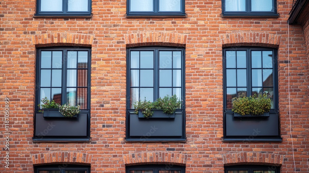 Fototapeta premium Brick Building Facade with Windows and Green Plant Boxes on a Traditional Construction