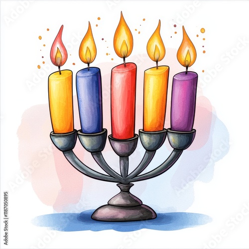 Colorful Menorah with Candles Glowing in a Festive Atmosphere photo