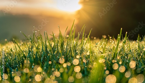 Obraz na płótnie clean inexperienced grass with dew drops in morning sunny lighting stunning natu