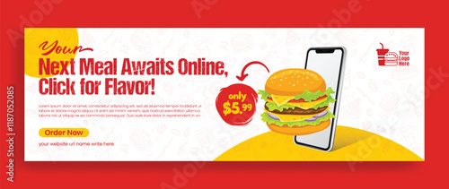 Food and restaurant horizontal banner ad template, online Food delivery social media cover header and website banner, advertising editable template, horizontal banner for restaurant or cafe
