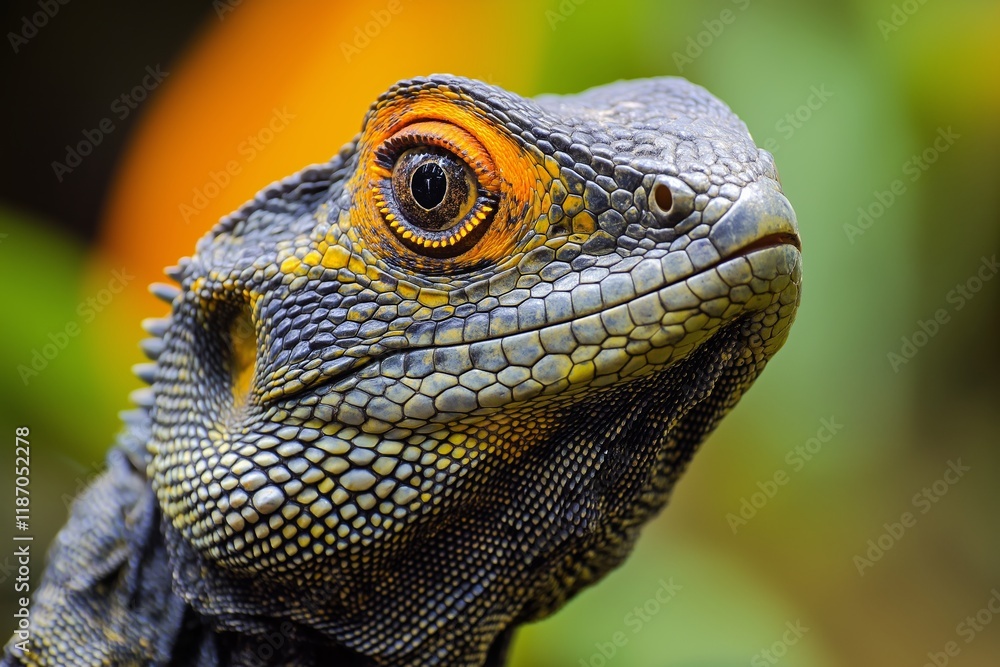 Fototapeta premium A striking close-up of a lizard showcasing its vibrant colors and intricate textures in nature's setting.