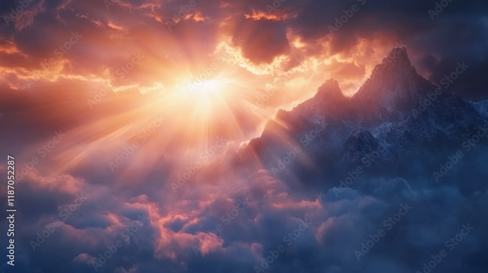 Fototapeta premium Dramatic Sunrise Over Majestic Mountains with Sun Rays Illuminating the Colorful Sky and Clouds