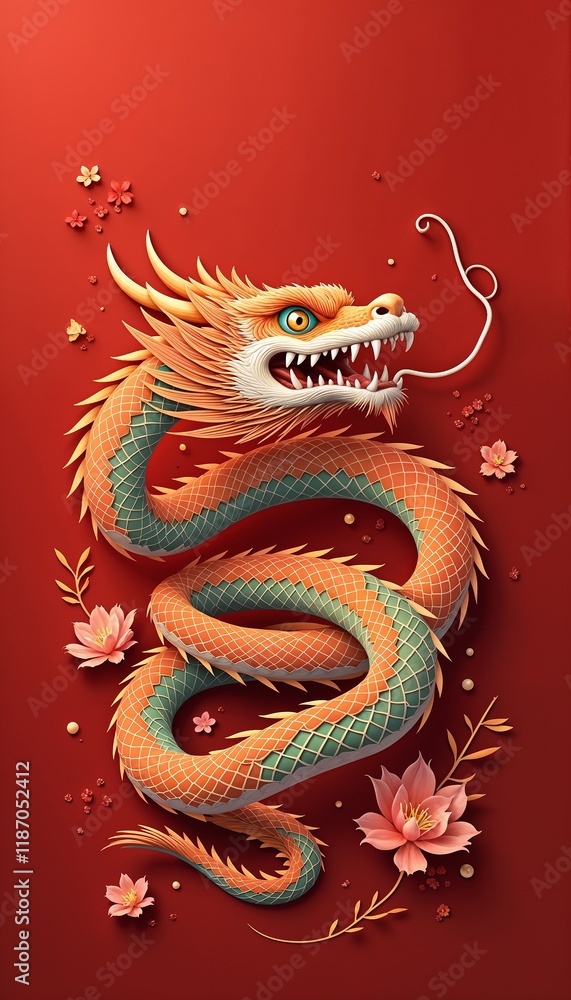 Obraz premium Colorful dragon illustration representing Lunar New Year with floral elements on a red background