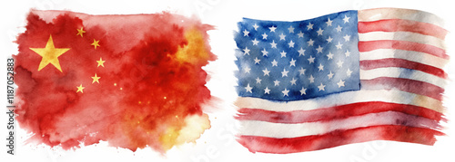 Watercolor flags, China and USA, vibrant colors, artistic representation, cultural symbols, international relations, patriotic imagery.