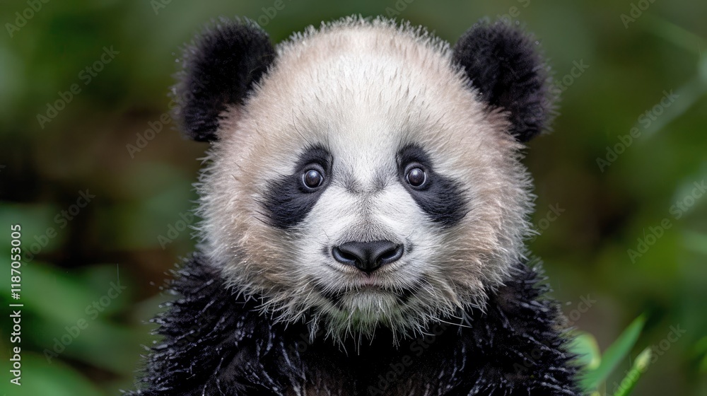 Baby panda portrait in lush green forest, ideal for wildlife projects. Baby panda portrait in lush green forest, ideal for wildlife projects.
