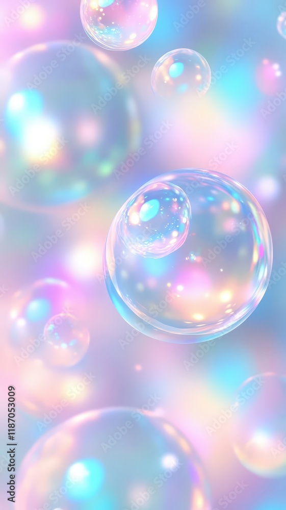 Multiple iridescent soap bubbles floating gently against a soft, pastel colored background, creating a dreamy and ethereal atmosphere Multiple iridescent soap bubbles floating gently against a soft, pastel colored background, creating a dreamy and ethereal atmosphere