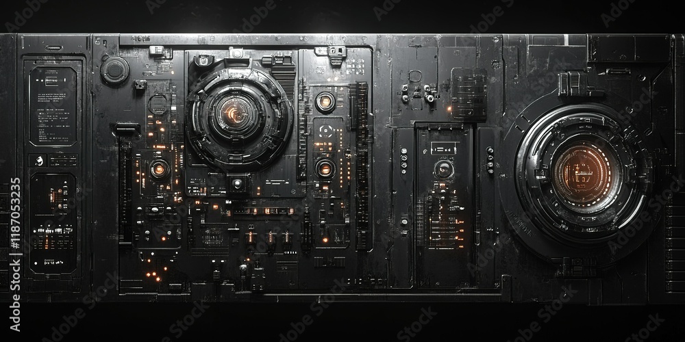 Fototapeta premium Futuristic control panel with intricate design, glowing elements, and complex circuitry illuminated in a dark setting