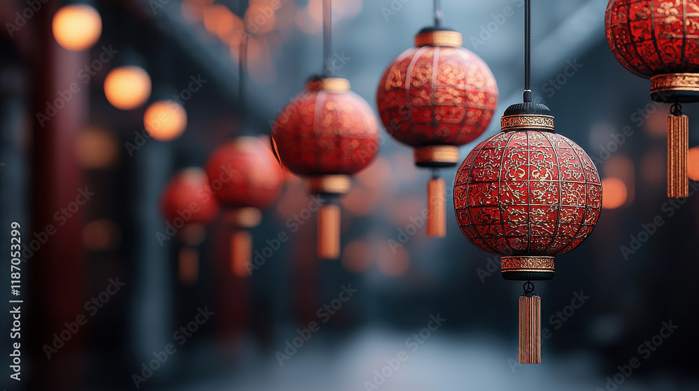 close up of traditional red Chinese lanterns hanging, illuminated by soft lights, creating festive atmosphere. intricate designs add cultural richness to scene close up of traditional red Chinese lanterns hanging, illuminated by soft lights, creating festive atmosphere. intricate designs add cultural richness to scene