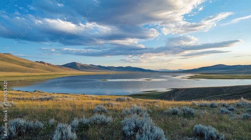 Scenic view of Balikligol fish lake surrounded by mountains and lush grasslands under a vibrant sunset sky Scenic view of Balikligol fish lake surrounded by mountains and lush grasslands under a vibrant sunset sky