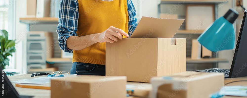 Fototapeta premium Moving boxes, cardboard packages, hands holding box, blue shirt, home interior, packing supplies, relocation, decluttering, organizing, living room background, neutral tones, lifestyle image, cropped 