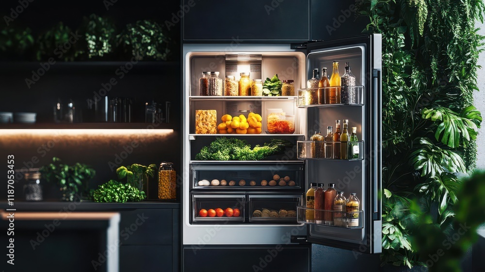 Craft a CG 3D refrigerator filled with perfectly organized ingredients, displaying a seamless blend of luxury and efficiency Craft a CG 3D refrigerator filled with perfectly organized ingredients, displaying a seamless blend of luxury and efficiency