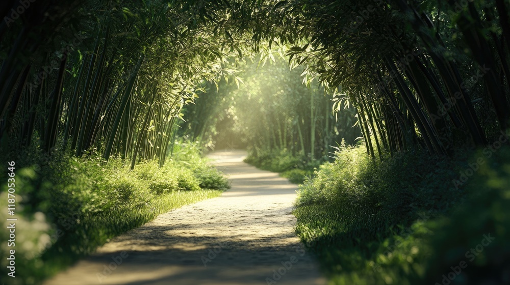 Naklejka premium Serene bamboo forest path illuminated by soft daylight creating a peaceful and inviting nature scene for relaxation and tranquility.