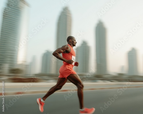 Marathon runner in bright attire races through urban landscape, capturing the essence of marathon spirit at sunrise photo