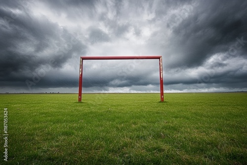 A rugby goal post viewed from the field with stormy skies above
