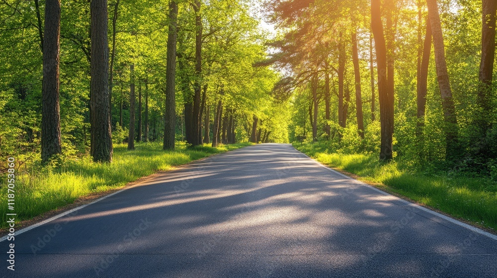 Fototapeta premium Serene Asphalt Road Surrounded by Lush Green Trees in a Sunlit Forest Pathway