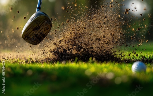 Close-up, low-angle shot of a golf club hitting the ground, sending soil and turf flying near a golf ball on a green field.