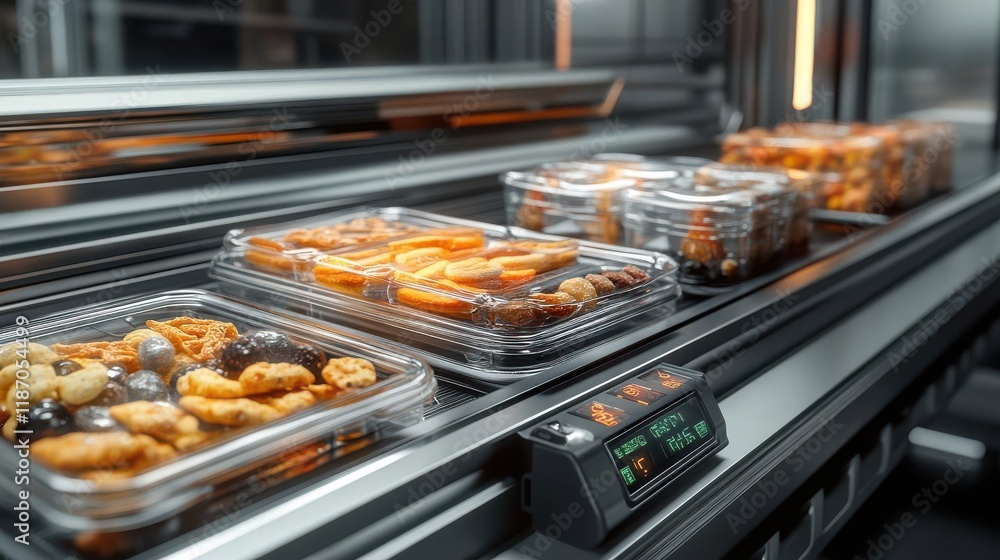 Craft a digital 3D rendering of a modern Vacuum-sealed Pack of assorted snacks Craft a digital 3D rendering of a modern Vacuum-sealed Pack of assorted snacks