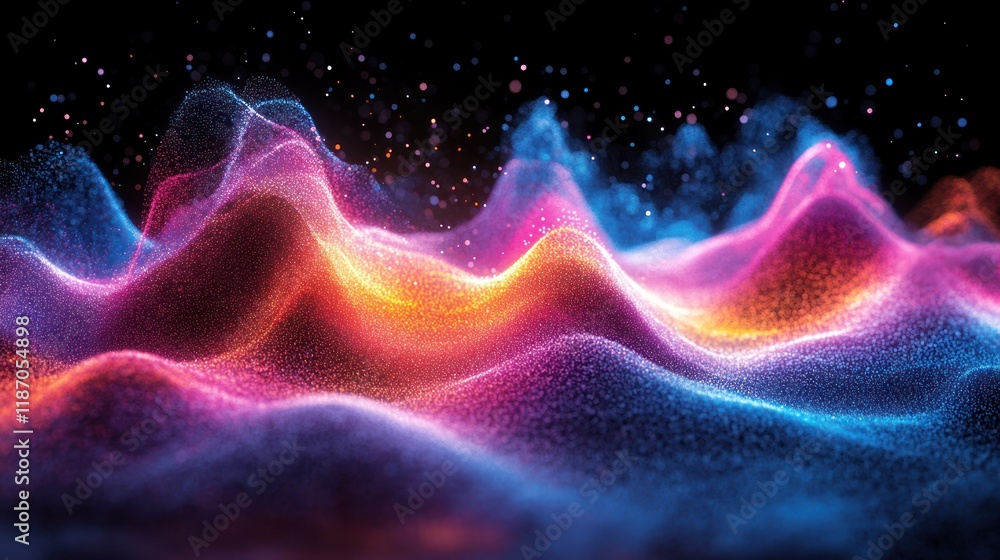 Fototapeta premium Colorful particle wave landscape with sparkling background.
