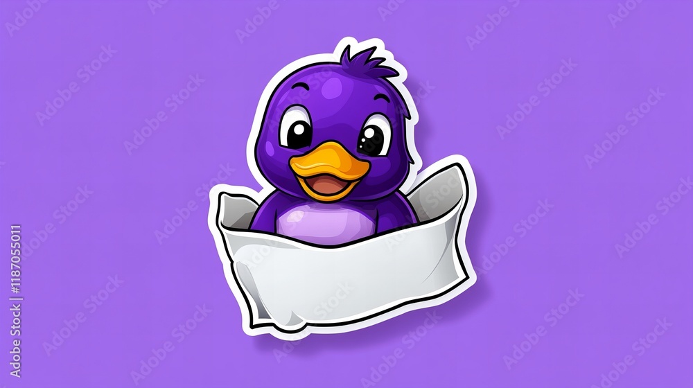 Fototapeta premium Adorable purple bird peeking out from a white pocket. Playful, cute, and cheerful illustration.