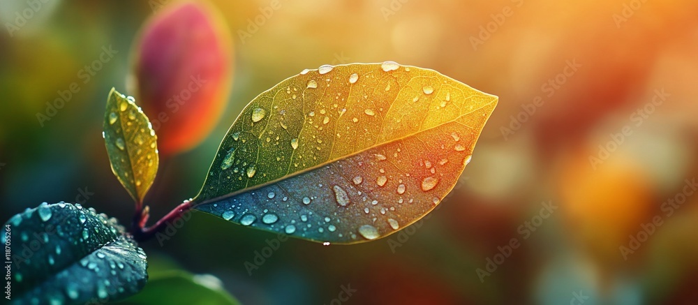 Vibrant Dew-Kissed Leaf in Autumnal Glow Vibrant Dew-Kissed Leaf in Autumnal Glow