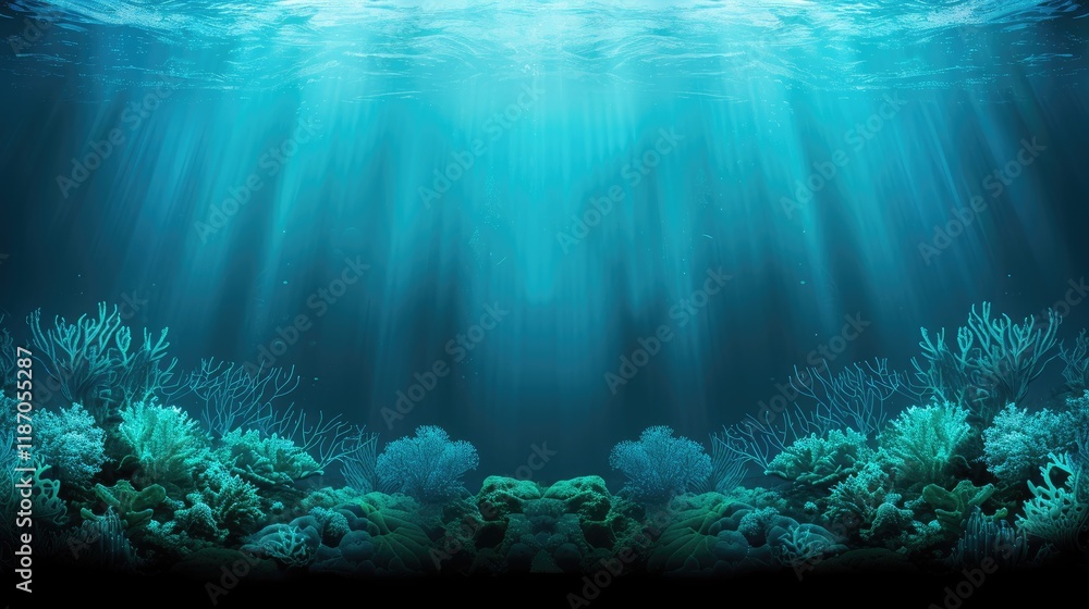 Fototapeta premium Underwater Scene with Vibrant Coral Reef and Sunlight Rays in a Serene Ocean Environment