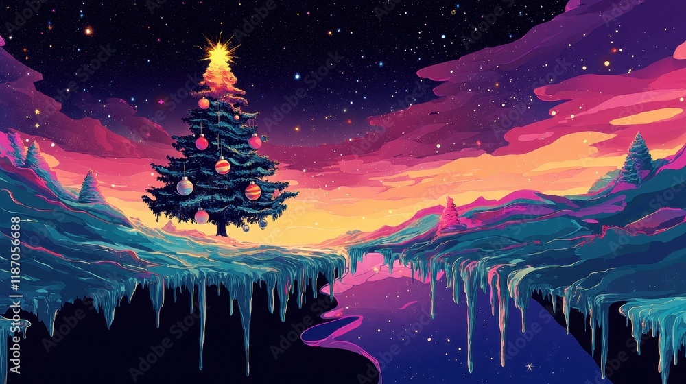 Fototapeta premium Festive Christmas Tree on a Psychedelic Winter Landscape