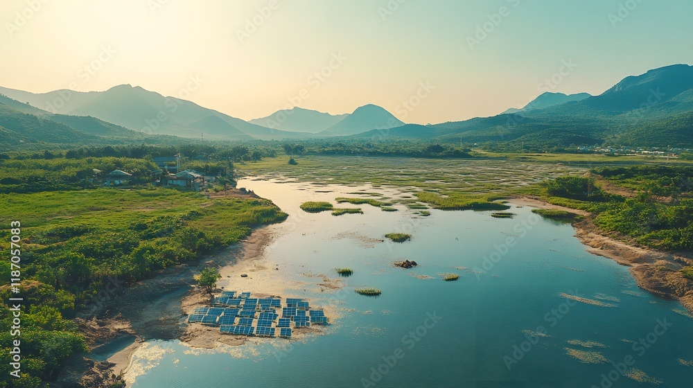 Serene Mountain Valley Solar Panels River Landscape Serene Mountain Valley Solar Panels River Landscape