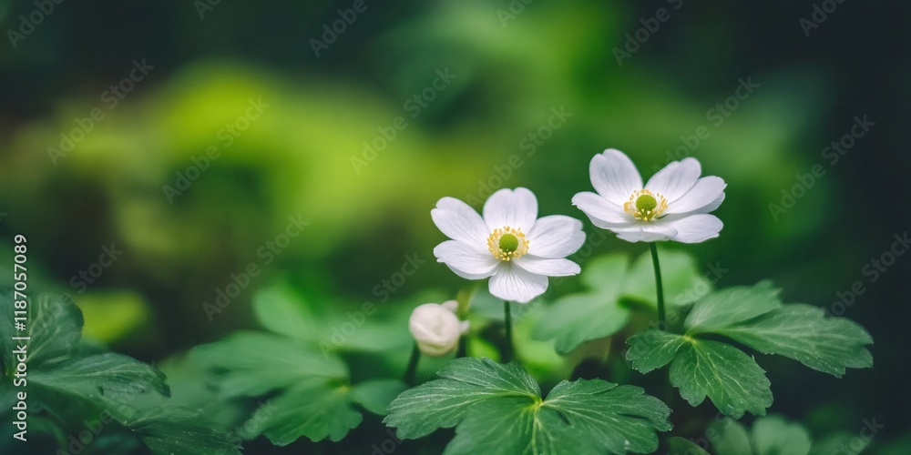 Delicate White Flowers Blooming in Lush Green Foliage A Springtime Nature Scene Delicate White Flowers Blooming in Lush Green Foliage A Springtime Nature Scene