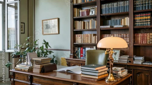 Wallpaper Mural Classic home office interior with wooden furniture, bookshelves, and a vintage desk lamp. Torontodigital.ca
