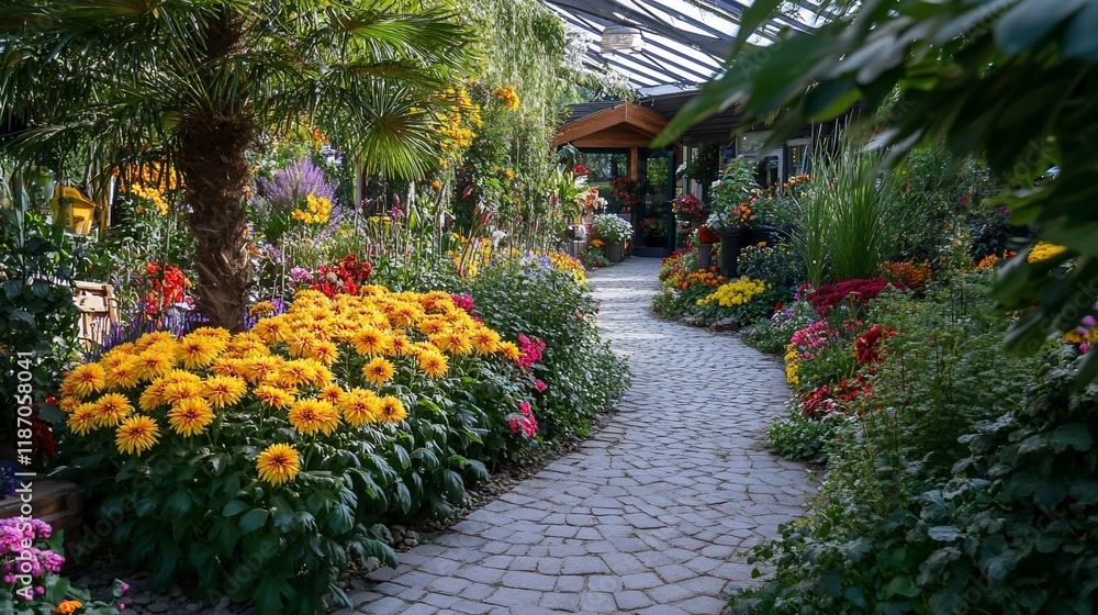 Vibrant flower garden path in a greenhouse, featuring colorful blooms and lush foliage. Vibrant flower garden path in a greenhouse, featuring colorful blooms and lush foliage.
