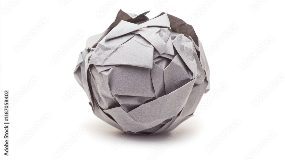 A Crumpled Grey Paper Ball on White Background: A Study in Texture and Form A Crumpled Grey Paper Ball on White Background: A Study in Texture and Form